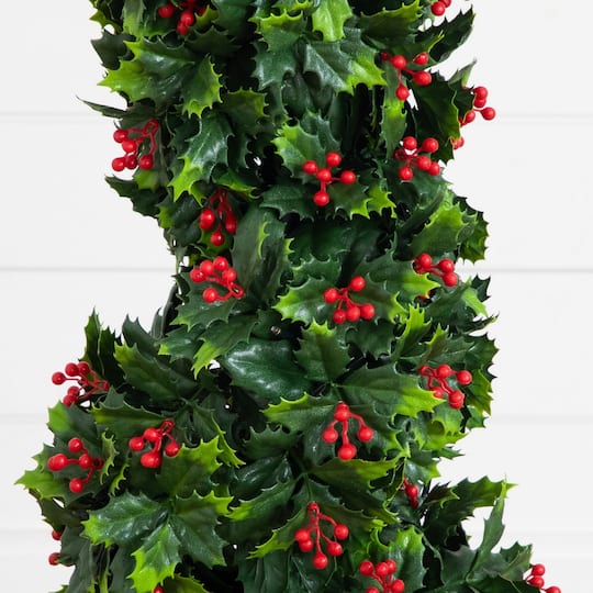 Nearly Natural 3ft. Pre-Lit UV Resistant Artificial Holly Berry Christmas Spiral Tree, Warm White Lights